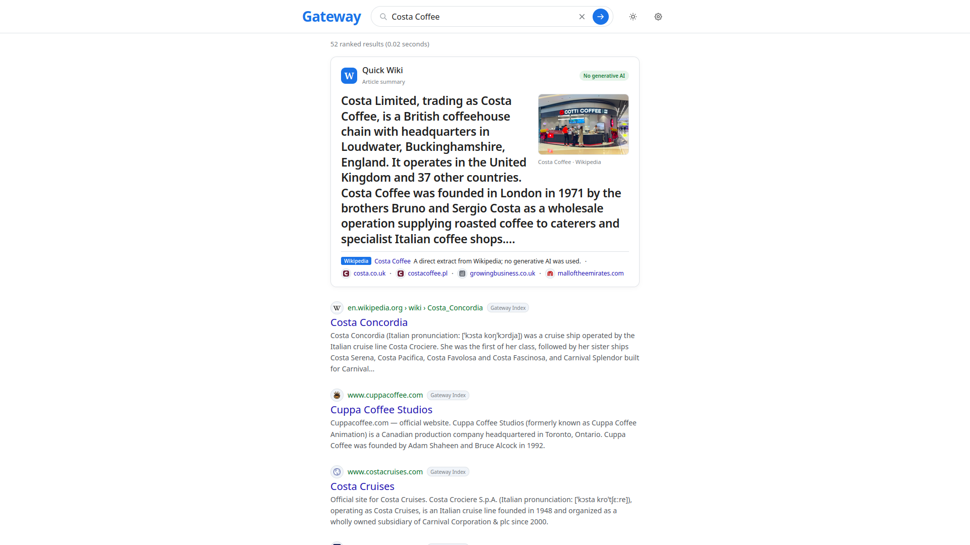 Gateway Search results for Costa Coffee